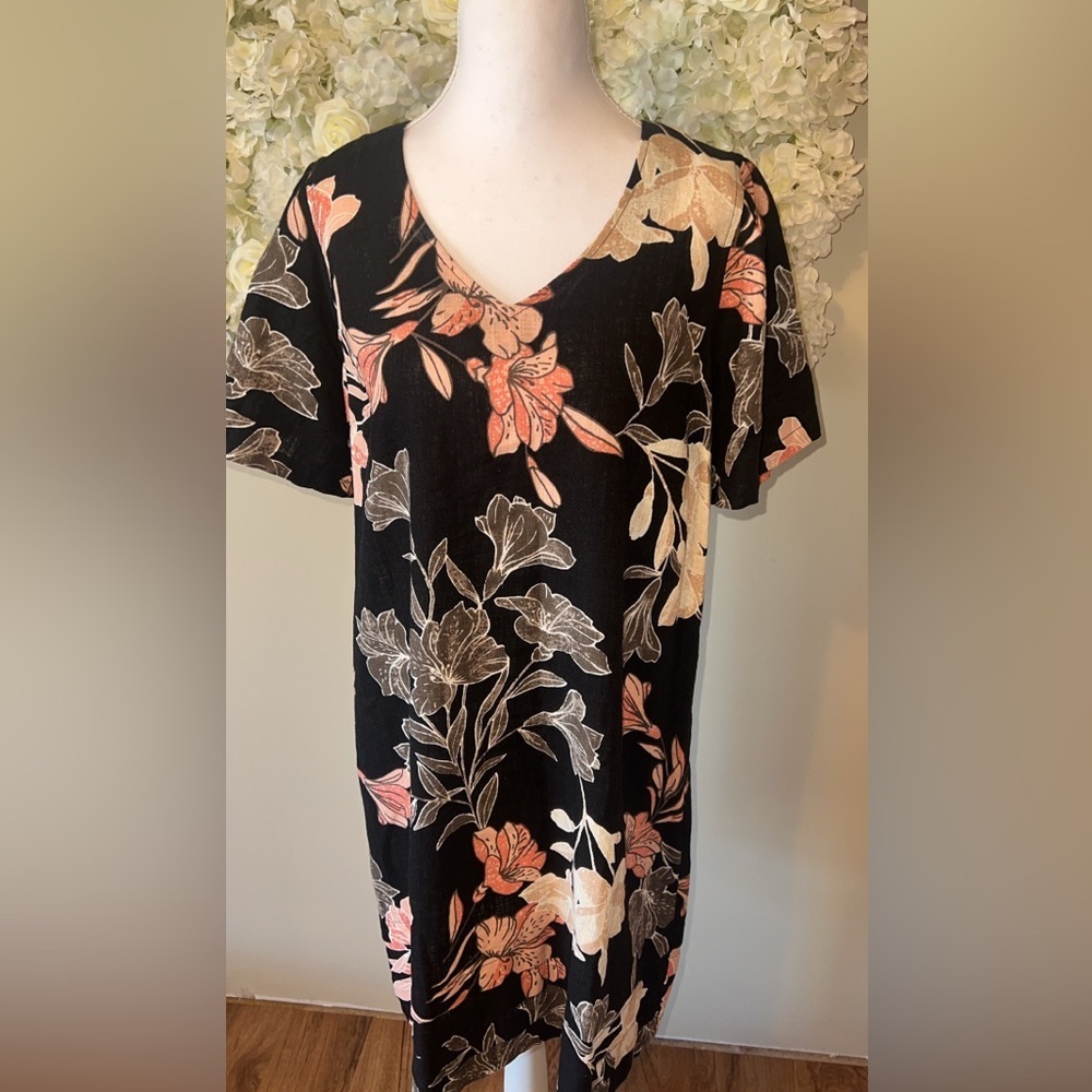 Original Nicole Miller Black Floral Short Sleeve Dress Linen Blend